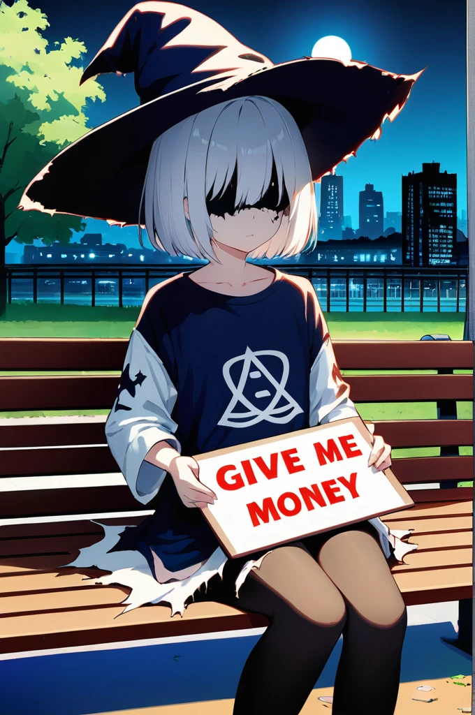 1girl, solo, cute, white short hair, wizard hat, close-up, shaded face, (ragged clothes:2.0), oversized shirt, (skirt:1.2), pantyhose, text, holding sign board with "GIVE ME MONEY", shorts, black thighhighs, expressionless, relaxing, sitting on bench, empty eyes, park, city, scenery, night, depth of field, masterpiece, best quality