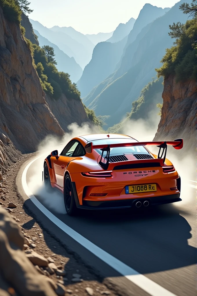 Porsche gt3 rs braking hard on a winding mountain road
