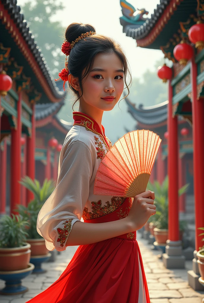 Art ager wearing kebaya and bring fan tradisioanal and the baground is china house