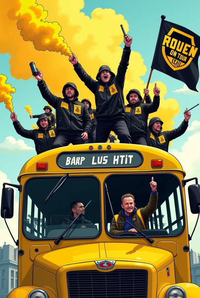 Image cartoons, groupe de supporters homme de style ultras hooligans, dressed in a black and yellow jacket, dans un bus jaune inscrit sur le bus « ROUEN ON TOUR », The supporters are on the roof with yellow and black smoke bombs in their hands and yellow and black "ROUEN" flags in their hands.. Les fenêtres du bus sont cassées, the bus driver gives the finger