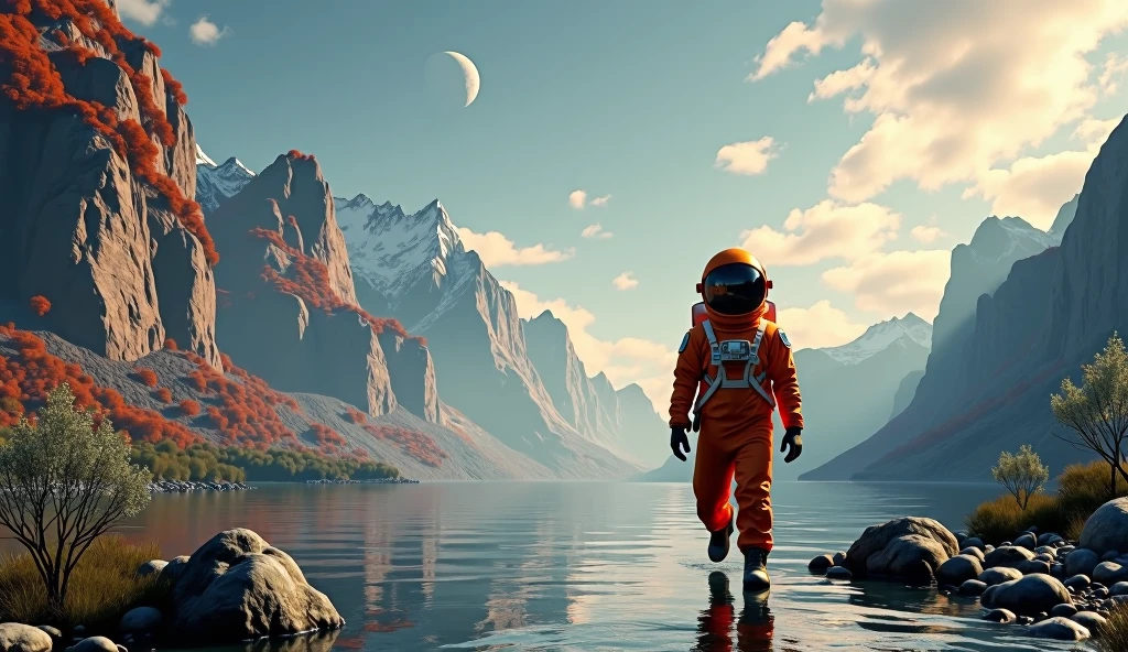 Lago Yamama,There is a moon in the sky, Highly detailed 4k digital art, 4k HD wallpapers are very detailed., stunning fantasy landscape, Sci-fi fantasy wallpaper., Unreal engine 4k wallpaper, Detailed 4K digital art, sci-fi fantasy wallpaper, epic fantasy landscape, 4k high definition digital matte, Stunning 8K artwork. (NASA astronaut in orange suit walks in river) (Astronaut frontal figure plane)