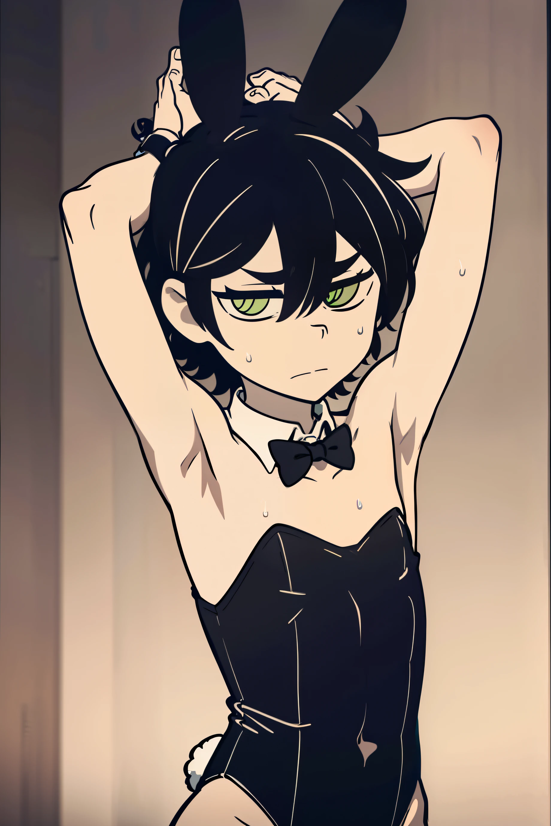 Highres, Masterpiece, Best quality at best,Best Quality,hight quality, hight detailed, Anime style, 1boy, Shota, young boy, Young andy graves, hair between eyes, closed mouth,black hair, green eyes, Slim body, messy hair, bright pupils, look at viewer,animal ears, playboy bunny, rabbit ears, fake rabbit ears, strapless, strapless leotard, detached collar, bare shoulders, bowtie, bow, wrist cuffs, choker, Flat chest, upper body, simple beckground, (Showing armpit:1.3), (very young boy), (very small and short body), simple beckground, hansome boy, Uhd, bokeh, sweat