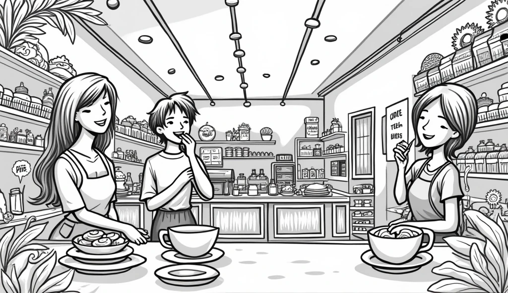 Design a horizontal wall poster in black-and-white line drawing style for a lively coffee and bakery mart that sells desserts, coffee, tea, sandwiches, and fast-eating products. The poster should feature intricate black line illustrations with no shadows or gray effects, focusing on details like cups, plates, lemons, coffee beans, and leaves. Incorporate a fun and youthful vibe by adding graffiti-style words such as 'Coffee,' 'Tea,' 'Sweets,' 'Fresh,' and 'Bites' creatively throughout the design. The layout should include dynamic elements like a coffee counter, shelves with pastries, and young customers enjoying their treats, all depicted with expressive lines. The poster should have a balanced composition that captures the energetic atmosphere of the shop, making