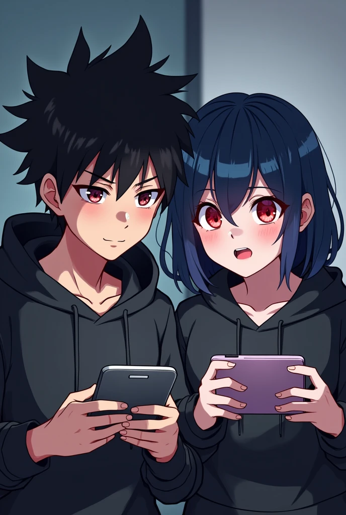 A boy ((( Anime boy , Spiky hair , black hair , black hoodie , blood red eyes , narrowed eye , ))) , A girl ((( Anime girl , dark blue hair , modern day mullet hair style , black hoodie , red eyes , almond eye ))) , playing mobile games