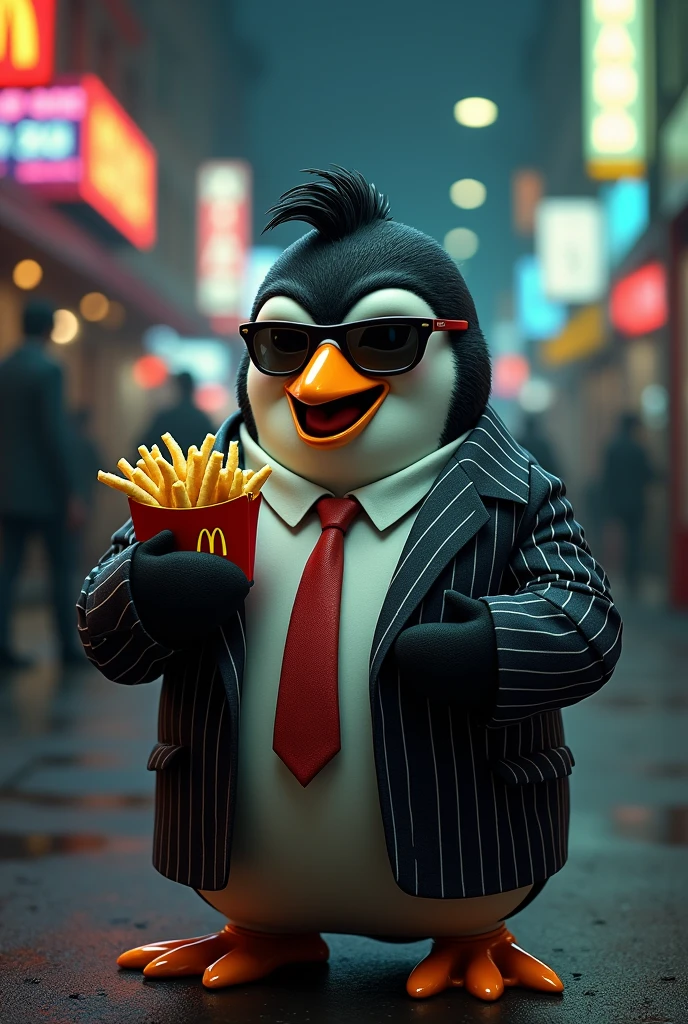 Gangster penguin with hair eating McDonald's fries