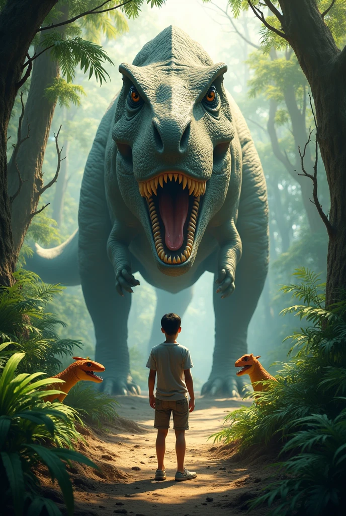 When the world around him came to rest, Jaro slowly opened his eyes. He stood in the middle of a dense jungle. Giant ferns and ancient trees towered into the sky. The air was warm and full of strange smells. In the distance he heard the roar of a huge animal.
Jaro set out, cautious, but also excited. He had always dreamed of, to see real dinosaurs. But what he didn’t know: He was not alone. A group of curious little dinosaurs, that looked like oversized chickens, followed him quietly. Jaro only noticed her, when one of them tripped over his shoelaces and let out an excited squeak. He laughed and knelt down, to take a closer look at the little creatures. They were harmless and looked almost cute, but Jaro knew, that there were also dangerous predators at that time.
Suddenly the ground shook beneath his feet. A dull, rhythmic rumbling approached. Jaro felt, how his heart beat faster. He quickly hid behind a thick bush. Then it appeared: A massive Tyrannosaurus Rex stomped majestically through the thicket