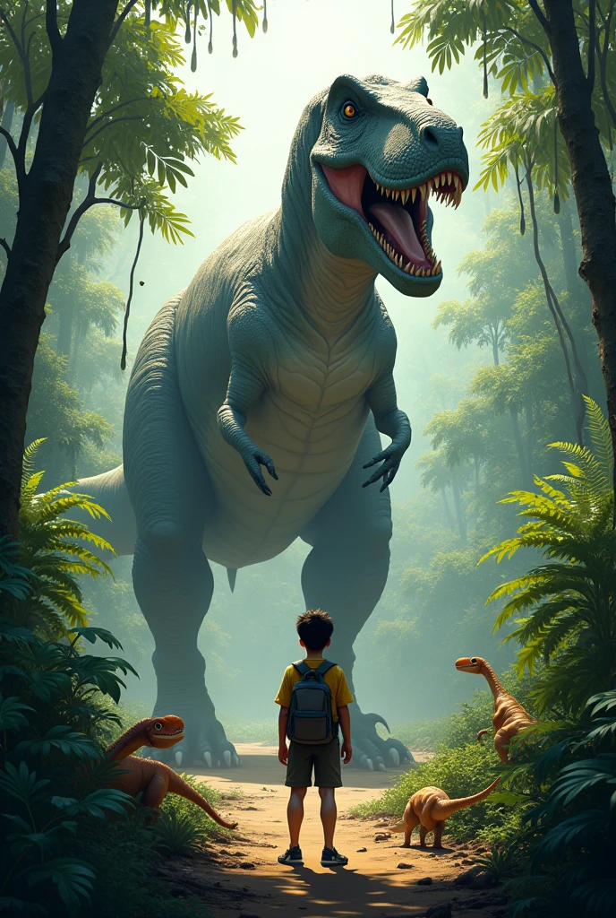 When the world around him came to rest, Jaro slowly opened his eyes. He stood in the middle of a dense jungle. Giant ferns and ancient trees towered into the sky. The air was warm and full of strange smells. In the distance he heard the roar of a huge animal.
Jaro set out, cautious, but also excited. He had always dreamed of, to see real dinosaurs. But what he didn’t know: He was not alone. A group of curious little dinosaurs, that looked like oversized chickens, followed him quietly. Jaro only noticed her, when one of them tripped over his shoelaces and let out an excited squeak. He laughed and knelt down, to take a closer look at the little creatures. They were harmless and looked almost cute, but Jaro knew, that there were also dangerous predators at that time.
Suddenly the ground shook beneath his feet. A dull, rhythmic rumbling approached. Jaro felt, how his heart beat faster. He quickly hid behind a thick bush. Then it appeared: A massive Tyrannosaurus Rex stomped majestically through the thicket