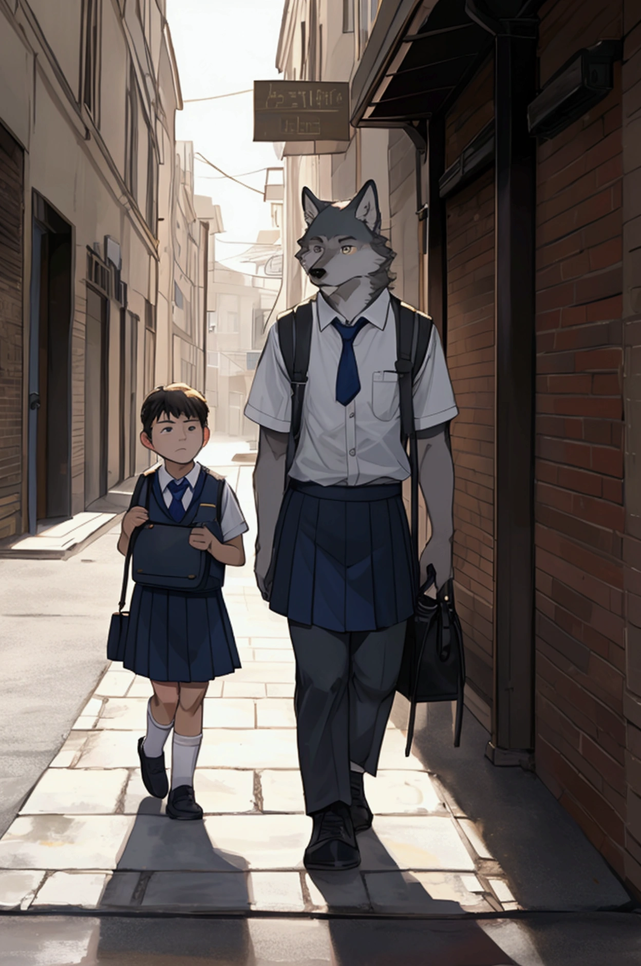 A young wolf in a school uniform.A man with a bag on his shoulder walks down the sidewalk with a sad face.