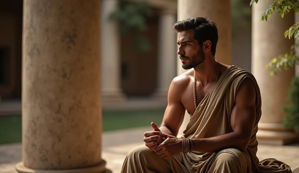 The philosopher is depicted in a tranquil Roman library or serene garden, reflecting on Stoic wisdom. His elegant tunics, in earthy tones with subtle gold or copper accents, are impeccably maintained, and his charm is evident in his thoughtful pose and seductive expression. The camera angle is wide, capturing the philosopher among ancient texts or seated in a peaceful garden with well-preserved Doric columns. Soft, ambient light highlights his refined features and alluring demeanor. The deep depth of field ensures that both the philosopher and the richly detailed Roman architecture are in sharp focus, symbolizing his calm and composed pursuit of wisdom.