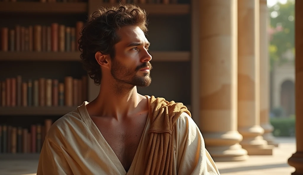 A photo of a A male stoic philosopher with a well-proportioned and attractive physique, not excessively muscular, not very muscular. He is wearing classic tunics, a little transparent that show behind the fabric of the Stoic era that gently drape over the body, subtly revealing his shoulder, with a very short and well-groomed beard, wavy and well-stylised hair . He is standing alone on a pathway with a scenic view. The background contains classical elements, such as a Greek statue and columns. The lighting is soft, casting a shadow behind the philosopher. The text "5 Stoic Lessons for Overcoming Betrayal" is displayed in a large, serif font, with a contrasting color, over a dark background.