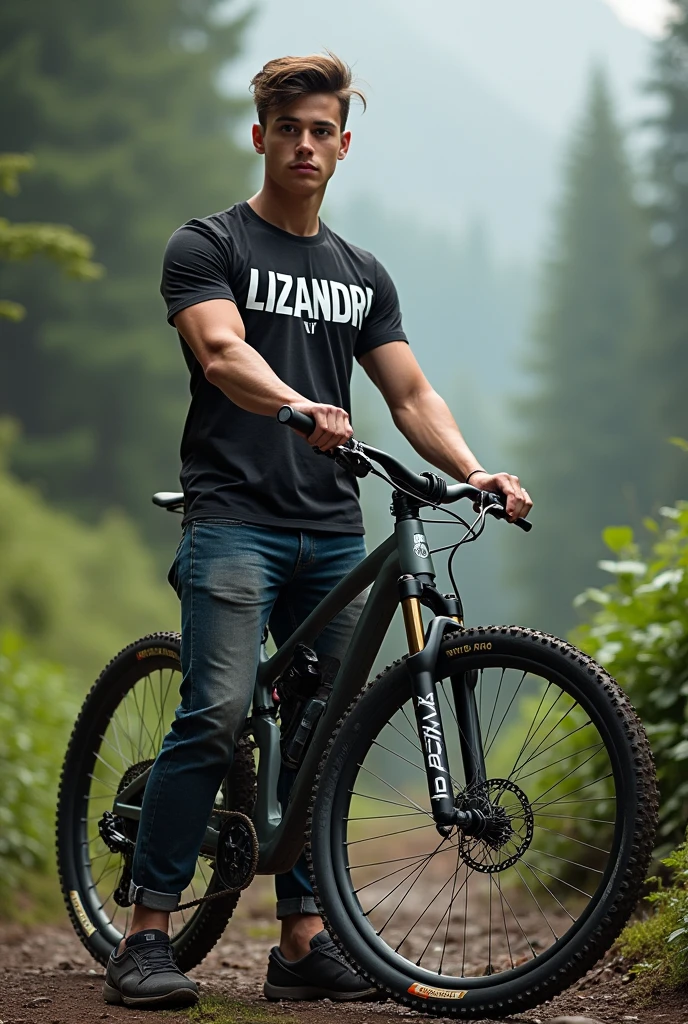 Create a person who has the name Lizandro on his clothes and who has a dual-suspension downhill bike in front of him