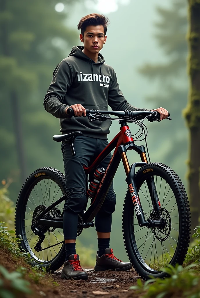 Create a person who has the name Lizandro on his clothes and who has a dual-suspension downhill bike in front of him