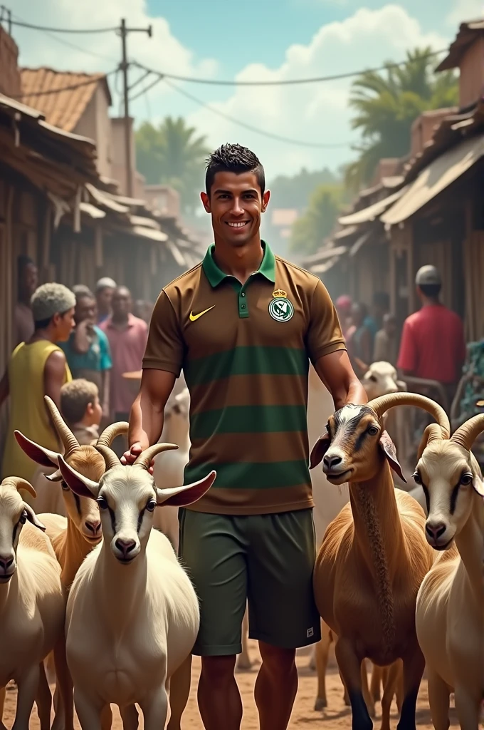 A bustling marketplace filled with livestock. Cristiano Ronaldo, wearing a brown and green striped polo shirt, stands amidst a group of goats, holding one by the neck. The scene is lively, with people in the background going about their activities, some wearing colorful attire. The setting is rustic, with makeshift stalls and a variety of animals around. The overall atmosphere is vibrant and energetic.