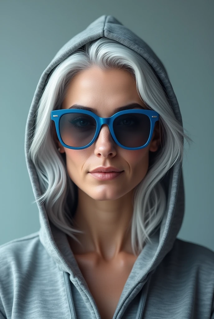 a beautiful woman with grey hair and wearing a grey shark hoodie  hat ,put in blue oakley glasses 3d render

