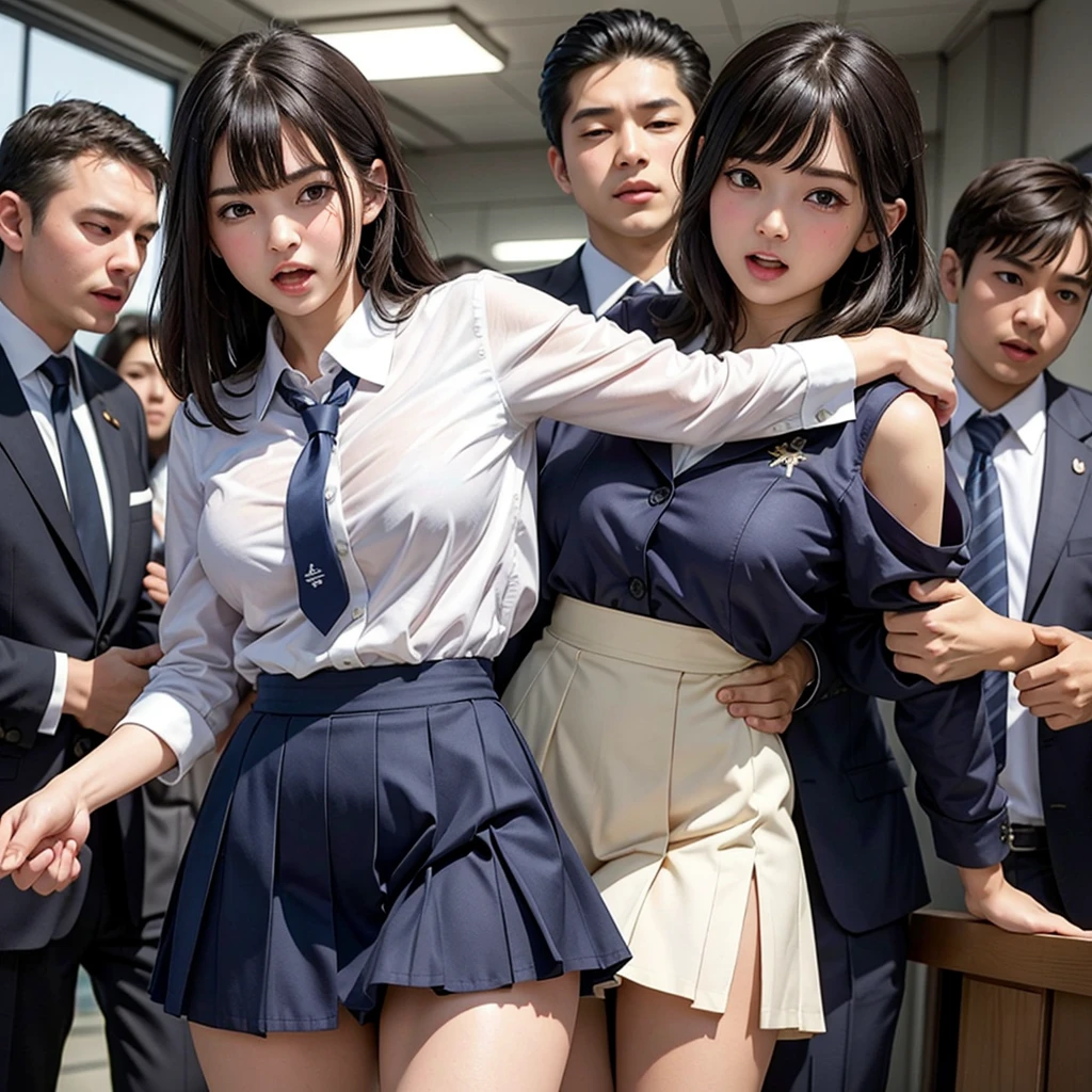 A beautiful innocent girl surrounded by excited high school boys, Cute baby face like an idol, She screams with her mouth open in shame at being molested in public, A high school boy tears off his school uniform, revealing his pure white panties, A high school boy grabs my breasts from behind, A high school boy touches his crotch and white juice drips out, Anatomically correct, Being molested by a group of men, Fleeing, Be surprised to see the viewers, Beautiful wavy medium bob hair, blush, Increased sensitivity, Tears overflow from your beautiful eyes, Ultra high definition, Slender body, Japanese, Close-up on molestation