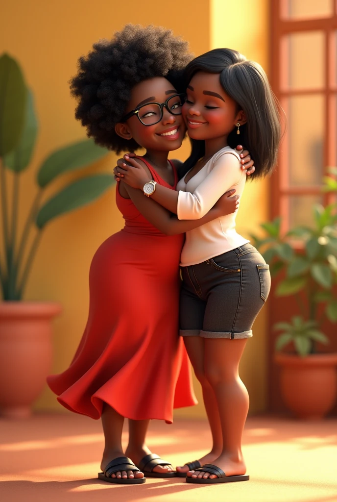 Create Disney Pixar Image, 3 d image, two friends hugging, a woman with dark skin, chubby body, black short hair, white blouse, short jeans preto, flip flops, and watch on the wrist, the other woman, white-skinned, body skinny, hair long black, redgown, black high heel sandal, of prescription glasses, watch and bracelet on the wrist