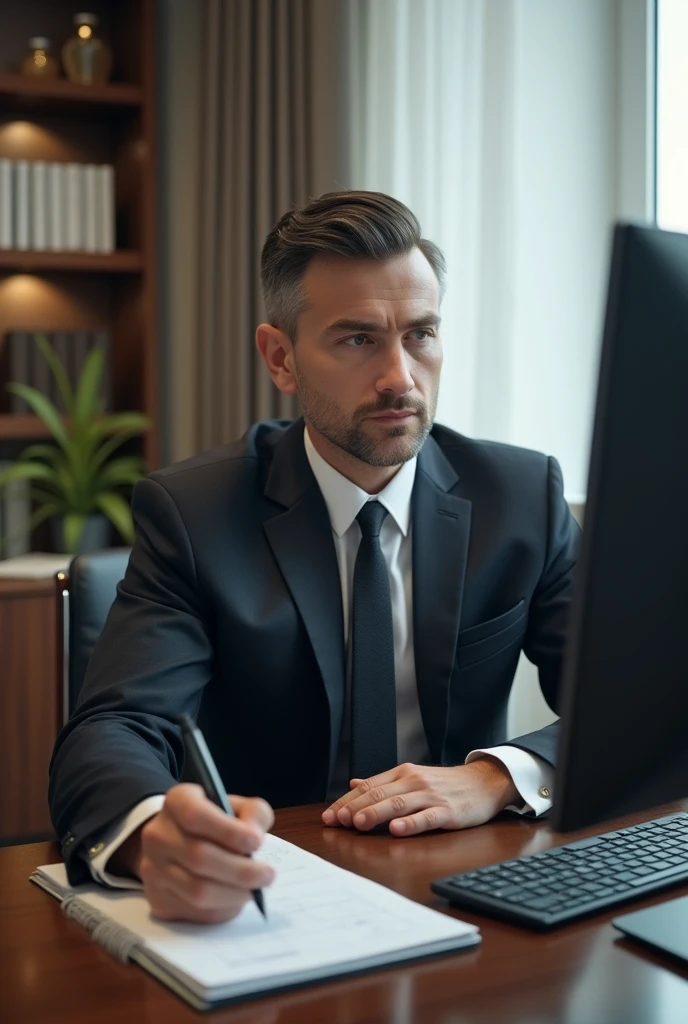 "A businessman in a modern office, wearing a dark suit and a tie, is sitting at an elegant work desk. He is focused and concentrated, holding a notepad in one hand and a pencil in the other, while intently watching a computer screen in front of you. The environment is well lit, with sophisticated furniture and minimalist decor, conveying a sense of professionalism and dedication to work."