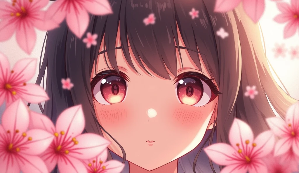 A ethereal and delicate anime-style portrait of a young girl's face partially obscured by vibrant cherry blossoms, rendered in a soft, dreamy aesthetic. The illustration features hyper-detailed eyes with reflective qualities, capturing a sense of innocence and wonder. Wispy strands of hair frame the face, blending seamlessly with the surrounding flora. The color palette is dominated by various shades of pink and peach, creating a harmonious and romantic atmosphere. Flowers are meticulously drawn with translucent petals, showcasing intricate details and a gossamer-like quality. Lighting is soft and diffused, evoking a springtime glow that enhances the overall warmth of the piece. The composition is intimate and close-up, with the blossoms strategically placed to create depth and frame the subject's gaze. Brush strokes are delicate and precise, achieving a balance between realism and stylized anime aesthetics. The background fades into a soft bokeh effect, further emphasizing the dreamlike quality of the image. This illustration embodies the essence of youth, beauty, and the ephemeral nature of spring, captured in a style that blends traditional anime art with contemporary digital painting techniques.