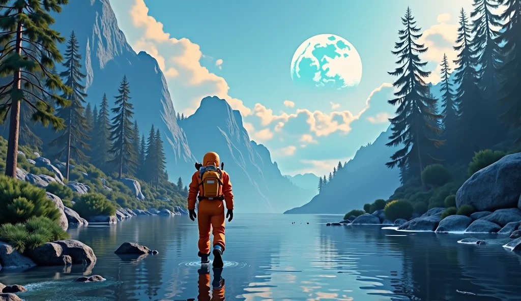 Lago Yamama,There is a moon in the sky, Highly detailed 4k digital art, 4k HD wallpapers are very detailed., stunning fantasy landscape, Sci-fi fantasy wallpaper., Unreal engine 4k wallpaper, Detailed 4K digital art, sci-fi fantasy wallpaper, epic fantasy landscape, 4k high definition digital matte, Stunning 8K artwork. (NASA astronaut in orange suit walks in river with unreal forest) (Astronaut flat figure)