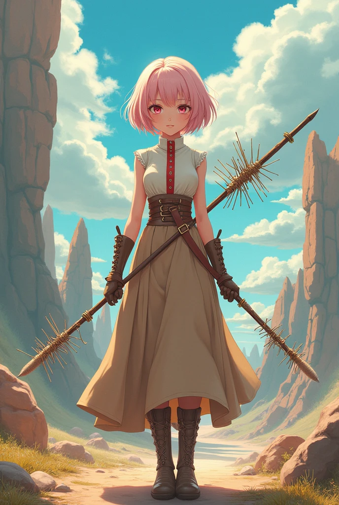 anime girl 20 years old, with short pink hair just below the shoulders, pale pink eyes, and an expression that is serious yet happy. She dresses in an antique style, wearing a long light brown skirt, a sleeveless white blouse with a vertical red line down the center on the buttons, brown gloves, and high boots with many straps. Her weapons are hundreds of needles connected by thread. 8k, high quality, full body, (ultra-realistic), {extremely detailed 8k CG unit wallpaper}, expansive landscape photograph, (light: 2.0), (warm light source: 1.5), complex details, (iridescent colors: 1.5), (bright lighting), (atmospheric lighting), surreal, impressive, fantasy, (Solo: 1.2)