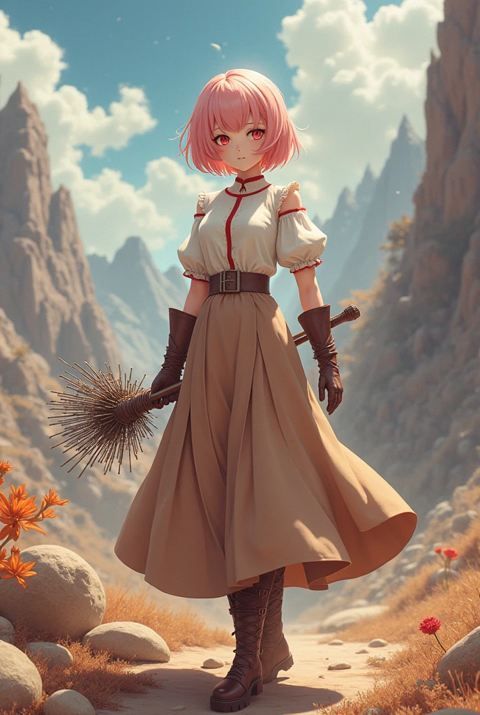 anime girl 20 years old, with short pink hair just below the shoulders, pale pink eyes, and an expression that is serious yet happy. She dresses in an antique style, wearing a long light brown skirt, a sleeveless white blouse with a vertical red line down the center on the buttons, brown gloves, and high boots with many straps. Her weapons are hundreds of needles connected by thread. 8k, high quality, full body, (ultra-realistic), {extremely detailed 8k CG unit wallpaper}, expansive landscape photograph, (light: 2.0), (warm light source: 1.5), complex details, (iridescent colors: 1.5), (bright lighting), (atmospheric lighting), surreal, impressive, fantasy, (Solo: 1.2)