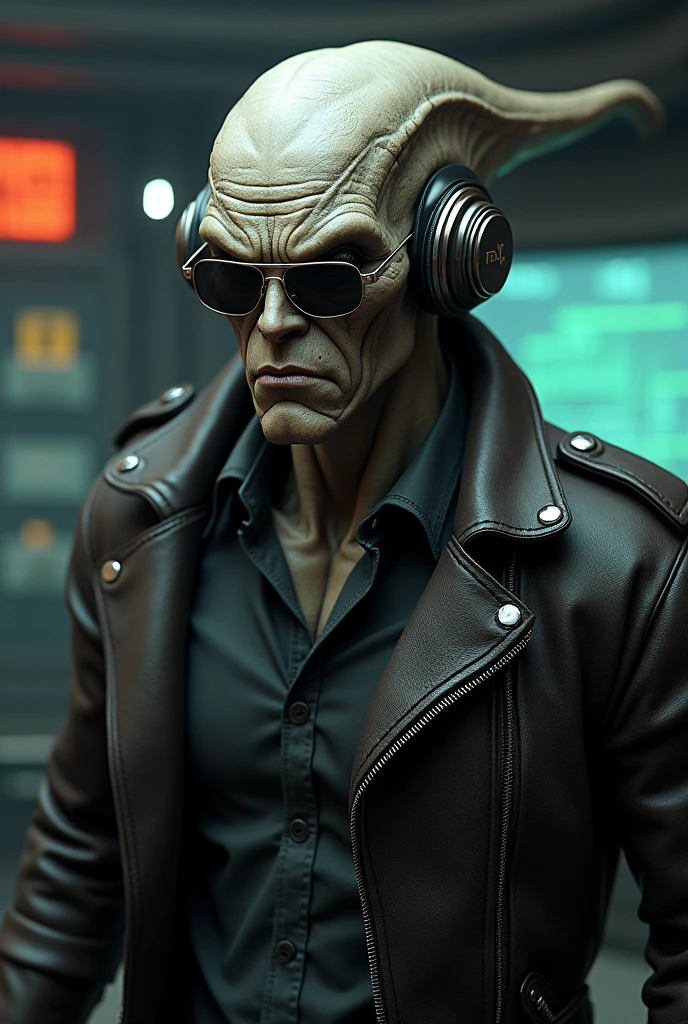 Realistic tough looking male grey alien with sunglasses and announcer headphones and leather jacket