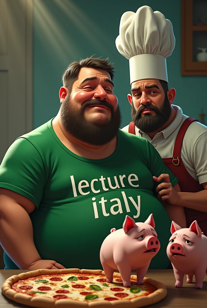 Fat man crying with a green shirt with the word &quot;Lecture Italy&quot; written on it crying because his team was eliminated beardless pizza maker with 2 little pigs