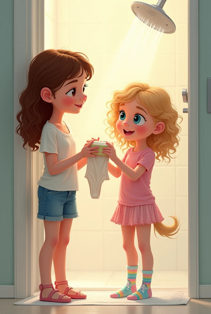 make a -yeld chine gender/ blonde curly hair/blue colored eyes/unicorn print socks/ holding a soap/tomando banho/new/with her brown curly haired mother/new/holding panties/ Shower on