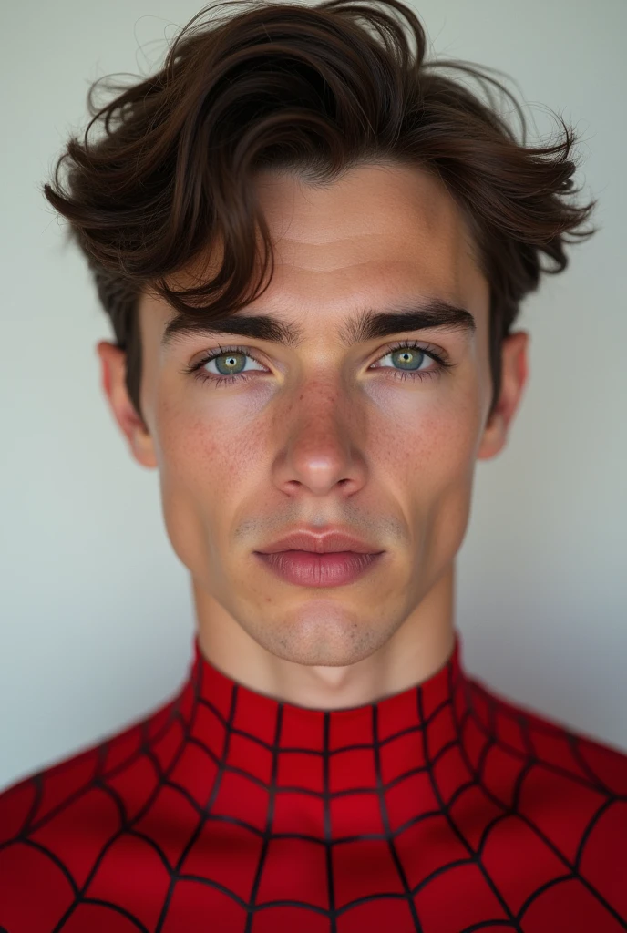 A photograph of spider man, no mask, 20 yo, handsome, detailed face, looking at camera, portrait, 8k uhd, high quality