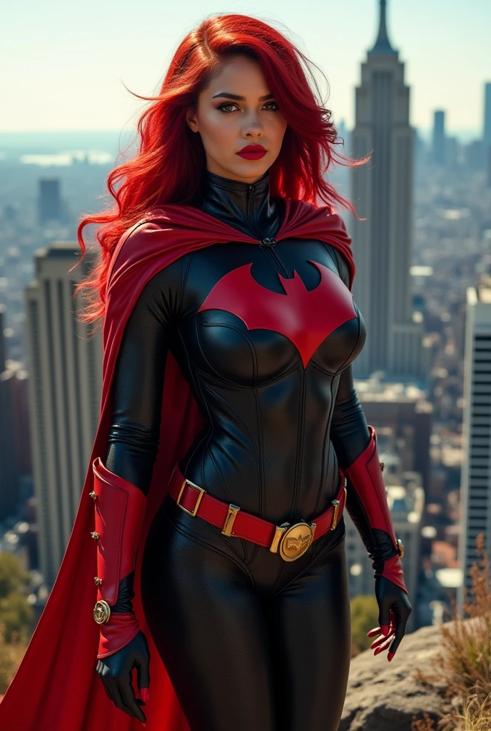 A beautiful, youthful-looking Hispanic version of Selena Gomez with red hair at age 50, with long, completely red hair in big curls,intense red lips,big voluptuous breasts like the superheroine Batwoman, dressed in a hooded Batwoman costume, standing on top of a hill overlooking a big city