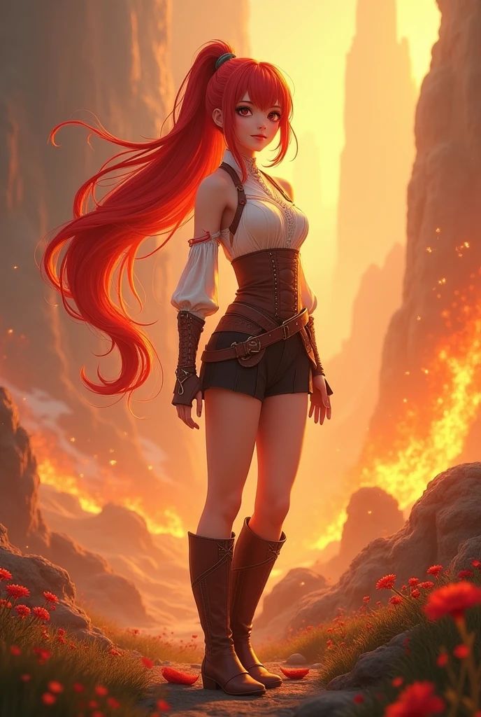 20 years old, long red hair, wearanime girl s a ponytail, red eyes, always smiling. She dresses in an antique style, wearing a short brown skirt with black shorts underneath, ending above the knees. She wears knee-high brown boots. Her white blouse is sleeveless and features red details. She possesses fire powers and has a fire-themed background. 8k, high quality, full body, (ultra-realistic), {extremely detailed 8k CG unit wallpaper}, expansive landscape photograph, , (light: 2.0), (warm light source: 1.5), complex details, (iridescent colors: 1.5), (bright lighting), (atmospheric lighting), surreal, impressive, fantasy, (Solo: 1.2)