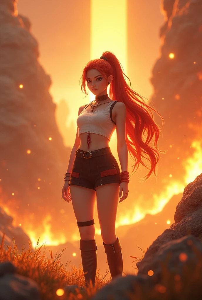 20 years old, long red hair, wearanime girl s a ponytail, red eyes, always smiling. She dresses in an antique style, wearing a short brown skirt with black shorts underneath, ending above the knees. She wears knee-high brown boots. Her white blouse is sleeveless and features red details. She possesses fire powers and has a fire-themed background. 8k, high quality, full body, (ultra-realistic), {extremely detailed 8k CG unit wallpaper}, expansive landscape photograph, , (light: 2.0), (warm light source: 1.5), complex details, (iridescent colors: 1.5), (bright lighting), (atmospheric lighting), surreal, impressive, fantasy, (Solo: 1.2)