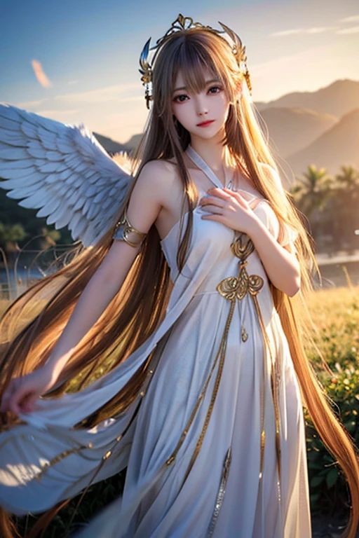 A high-ranking angel with six pairs of wings。Gorgeous honey gold hair。Wavy long hair。Mysterious silver eyes。A beautiful god clothed in light々Standing。
Light shines from the sky、illuminated by a halo。