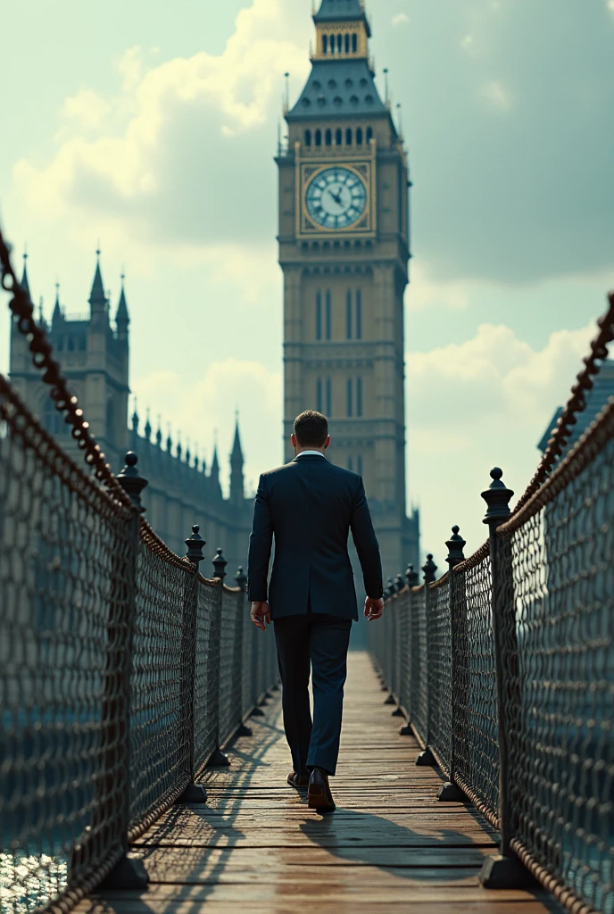 A man in a suit walking on a rope bridge overlooking a clock