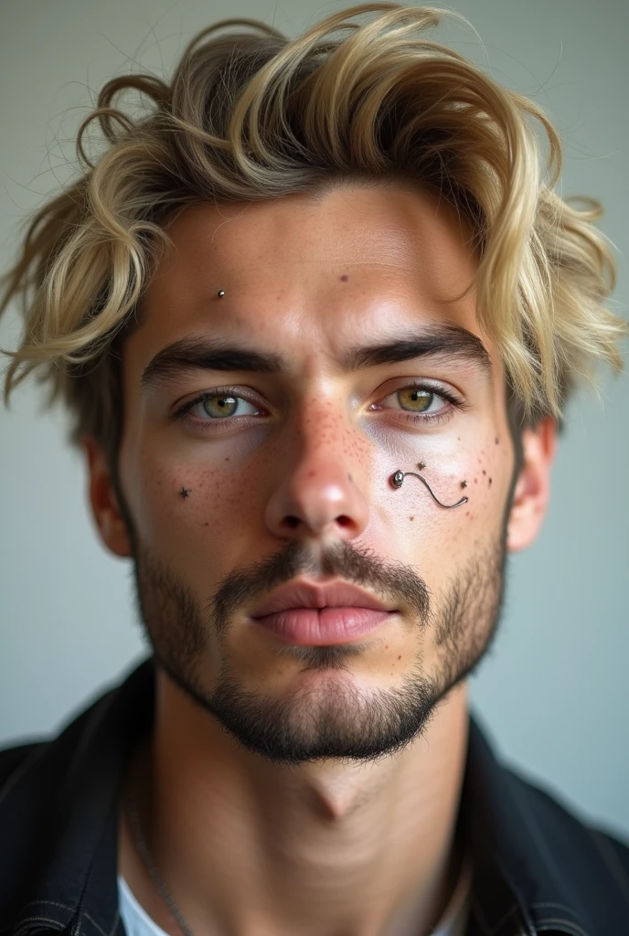 (photorealism:1.2), pretty 20 year old man with freckles, light hazel eyes, blonde hair, a blonde mustache, scruff, an eyebrow piercing and a nose ring