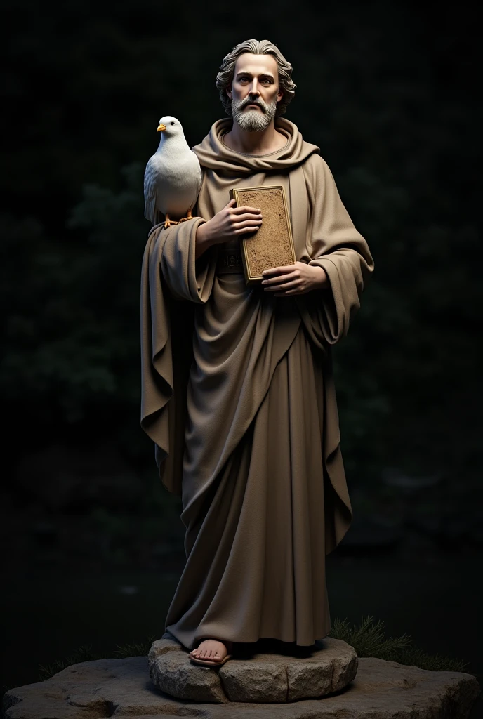 "Create a detailed and realistic image of a statue of Saint Francis of Assisi. The statue should depict him holding a book in his left hand and with a white dove perched on his right shoulder.. The statue must have a serene and spiritual expression. The surrounding scenery should be dark, with soft lighting highlighting the figure of the statue, creating a contrast that highlights its holiness and serenity. The environment should convey a sense of reverence and peace."