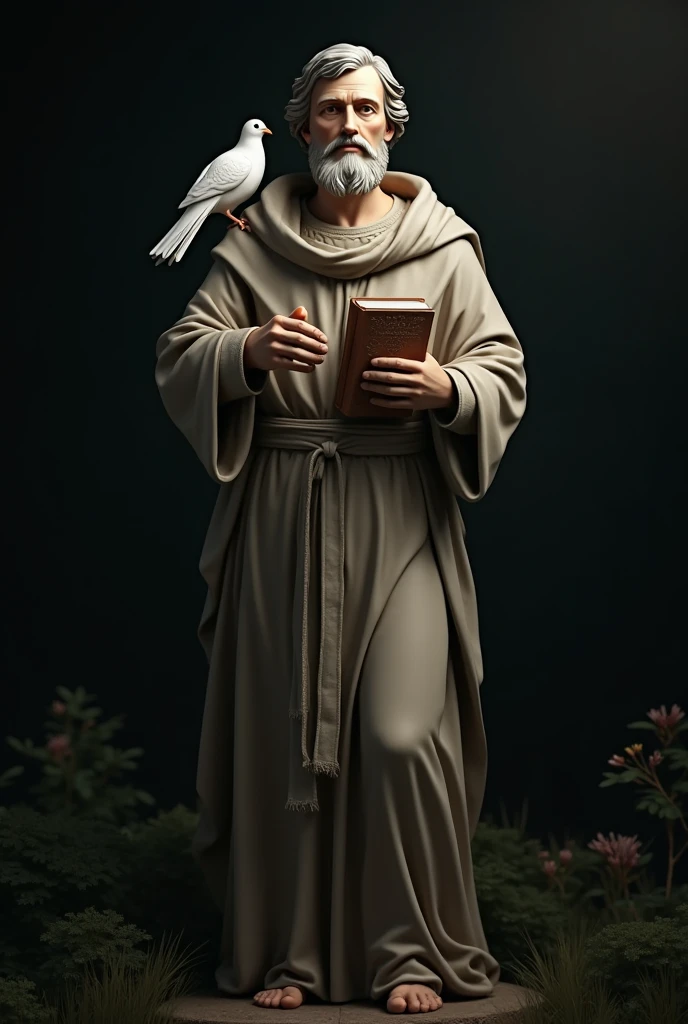 "Create a detailed and realistic image of a statue of Saint Francis of Assisi. The statue should depict him holding a book in his left hand and with a white dove perched on his right shoulder.. The statue must have a serene and spiritual expression. The surrounding scenery should be dark, with soft lighting highlighting the figure of the statue, creating a contrast that highlights its holiness and serenity. The environment should convey a sense of reverence and peace."