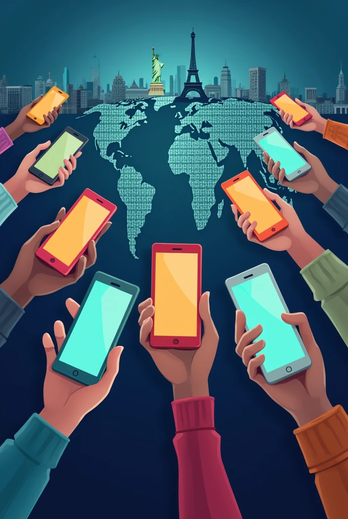 A series of hands from different ethnicities and age groups holding various smartphone models, with iconic global landmarks in the background like the Eiffel Tower, the Great Wall of China, and the Statue of Liberty. The phones should have glowing screens, emphasizing their widespread use across the world