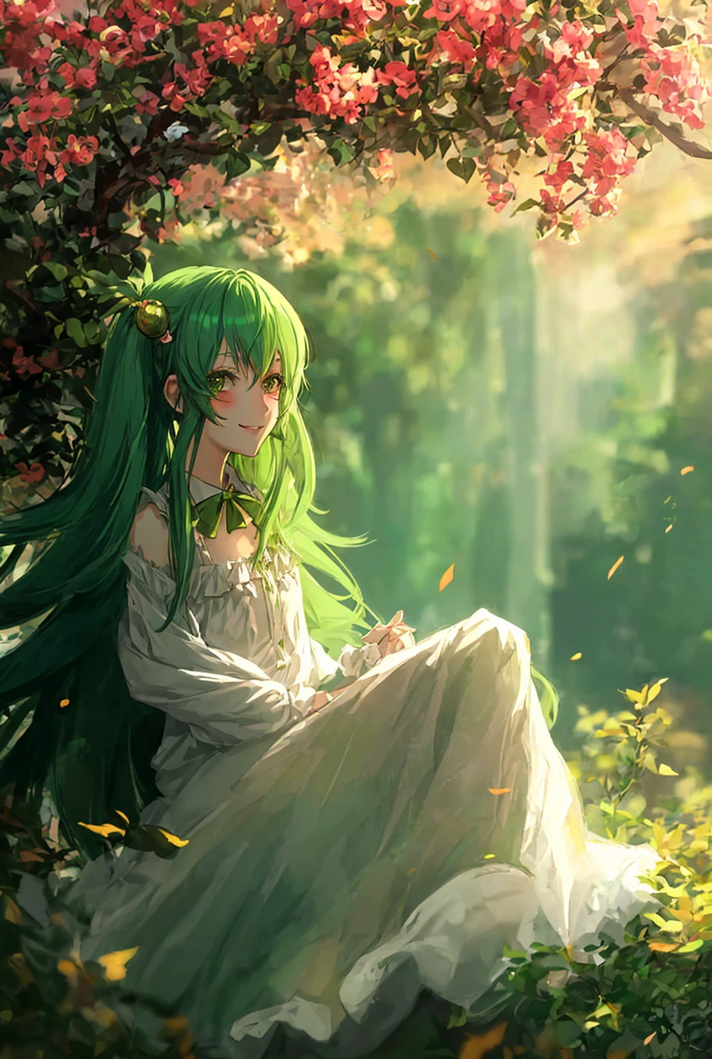 Anime girl with Green hairs, smiling gently, blushes, lovely looking in front of her, small lips