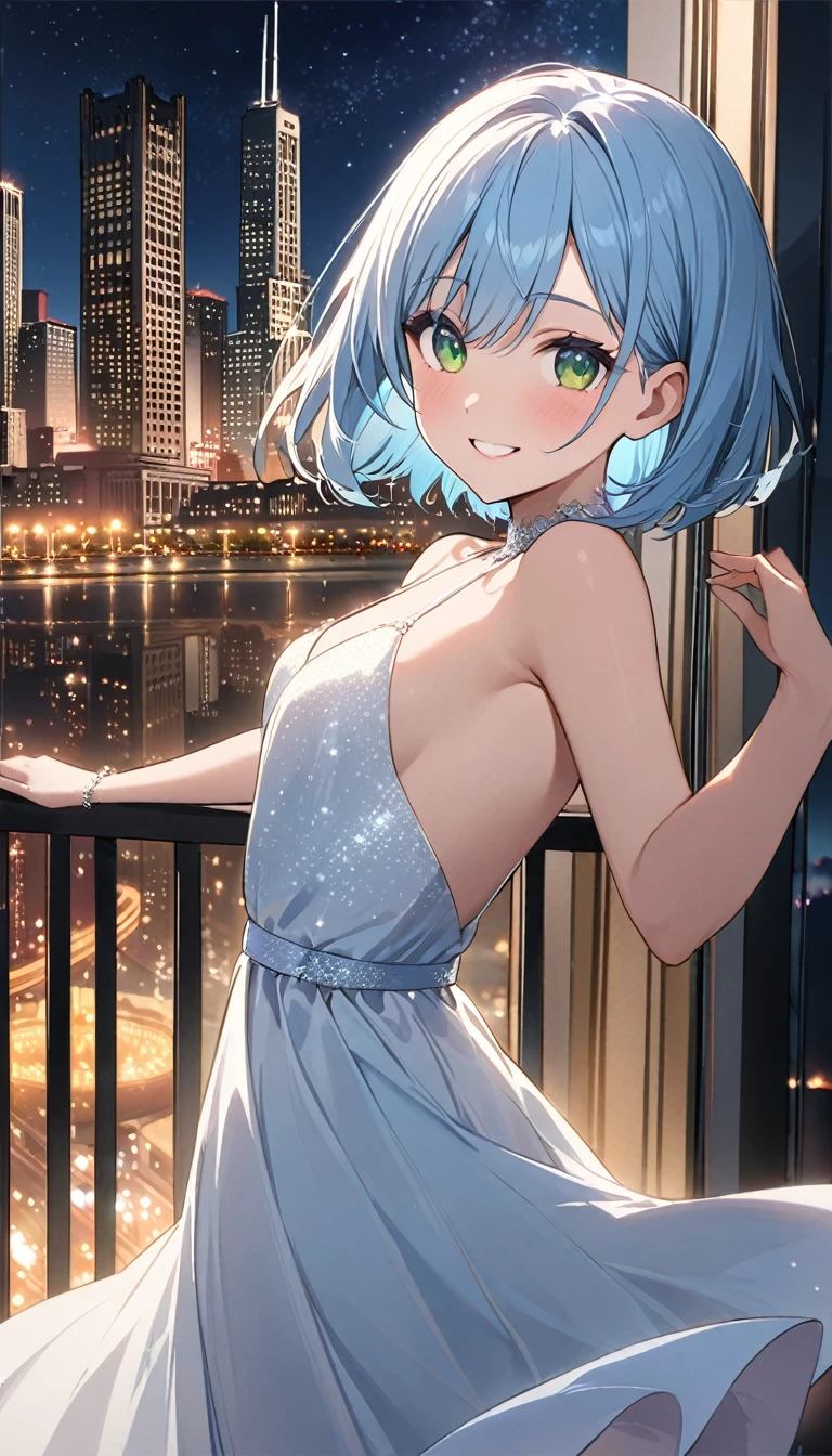 Highest quality、Light blue hair、Short Bob、Deep green eyes,2,,small breast,White evening dress、Chicago skyscrapers、Night view、smile、dancing、looking outside、Starry Sky
