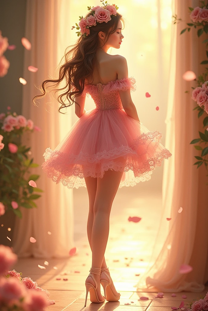 Ultra high quality,Long legs,cute,Sunlight,Off-shoulder,Wear flowers on your head,charming,Ribbon,Pink lace miniskirt,Flowers on skirt,High heel,Expose the whole body,High heel,School Belle,student