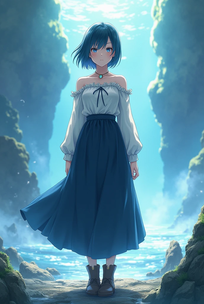 anime girl 20 years old, with short dark blue hair to the shoulders, a serious yet tender expression, and bright light blue eyes. She dresses in an antique style, wearing a long dark blue skirt that reaches her knees, and small dark brown boots up to her ankles. Her white blouse is long-sleeved, covering her fingers slightly, and falls off one shoulder, leaving it exposed. She possesses water powers and has a water-themed background. 8k, high quality, full body, (ultra-realistic), {extremely detailed 8k CG unit wallpaper}, expansive landscape photograph, (light: 2.0), (warm light source: 1.5), complex details, (iridescent colors: 1.5), (bright lighting), (atmospheric lighting), surreal, impressive, fantasy, (Solo: 1.2)
