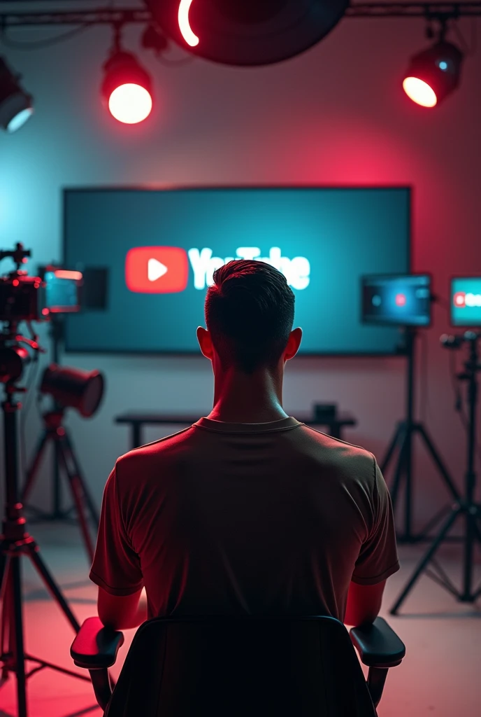 Cristiano Ronaldo picture seen from the back in a modern studio, surrounded by content creation equipment such as cameras, microphone, and studio lights. In the background, big screen showing YouTube logo, with Ronaldo sitting on the chair. 