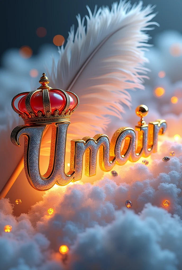 mesmerizing3Ddigitalartmasterpiecethatcaptivatestheviewerwithitsintricatedesign.Thename,Umair,isprominentlydisplayedinastrikingfont,adornedwithaluxuriousGoldenredCrown.Aflowingfeathergracefullyfollowsbehind,addingtothedesign'svisualappeal.Thenameglowsinvibrantcolorssuchassilverenhancingitsbreathtakingbeauty.Warmsblacklightingilluminatesthedesign,creatingdepthanddimension,anddelicatediamondsarestrategicallyplacedforaddedglamour.Thepristinewhitebackgroundhighlightsthename,tr
