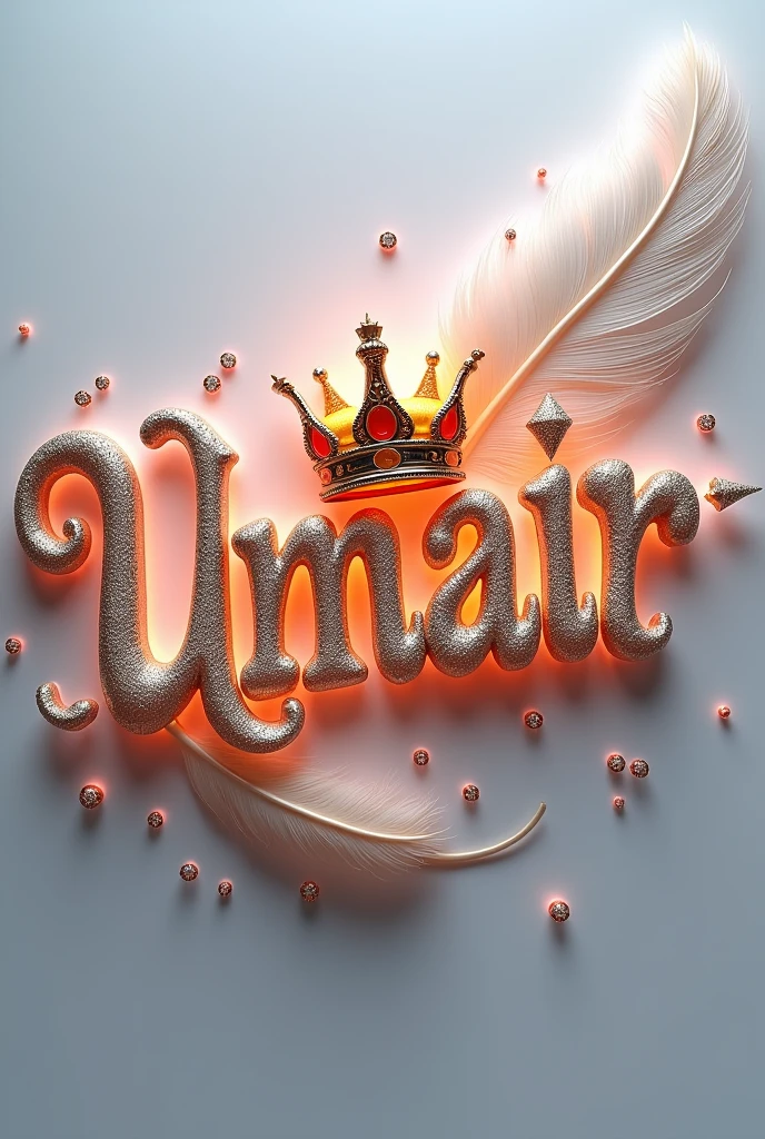 mesmerizing3Ddigitalartmasterpiecethatcaptivatestheviewerwithitsintricatedesign.Thename,Umair,isprominentlydisplayedinastrikingfont,adornedwithaluxuriousGoldenredCrown.Aflowingfeathergracefullyfollowsbehind,addingtothedesign'svisualappeal.Thenameglowsinvibrantcolorssuchassilverenhancingitsbreathtakingbeauty.Warmsblacklightingilluminatesthedesign,creatingdepthanddimension,anddelicatediamondsarestrategicallyplacedforaddedglamour.Thepristinewhitebackgroundhighlightsthename,tr