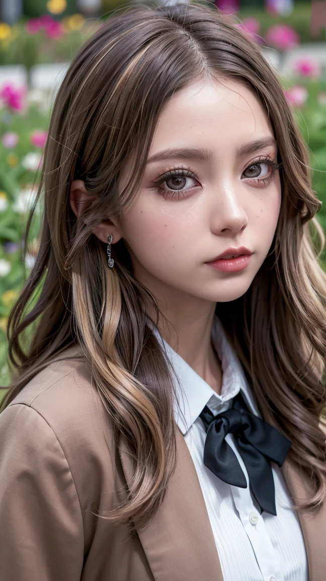 Realistic, masterpiece, Highest quality, Highest Resolution, Japanese , , Upper body photo, Looks sleepy, Spaced out, Open your mouth, Beautiful and detailed eye drawing, (Droopy eyes:1.3), Dark Eyes, Thin eyebrows, Draw eyelashes carefully, Eyelash extensions, Gal Makeup, Orange Cheeks, (White brown wavy hair, Long Hair, middle part:1.3), (Hidden eyelid wrinkles:1.3), (Gothic uniform, blazer:1.2), (The subject was photographed from above at an angle:1.3), (Flower Field:1.3), (Face close-up, Stand up and impress the crowd:1.5)