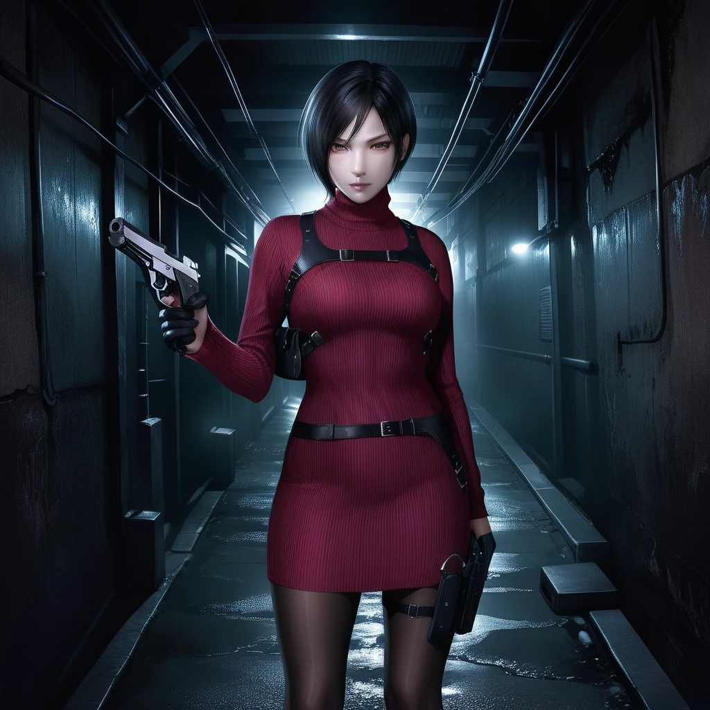 Ultra-realistic extremely detailed real life 8k masterpiece of a gorgeous asian woman re ada wong wearing black pantyhose re4 style dress in a dark alley at night, ada holding gun in hand, extremely detailed facial features, dark scary epic lighting, horror composition,anime style