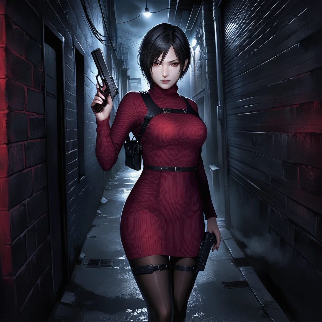 Ultra-realistic extremely detailed real life 8k masterpiece of a gorgeous asian woman re ada wong wearing black pantyhose re4 style dress in a dark alley at night, ada holding gun in hand, extremely detailed facial features, dark scary epic lighting, horror composition,anime style