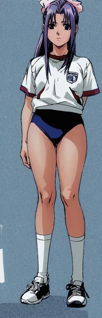 Momoko Koigakubo, with her beautiful legs, is standing with her legs spread to the side in a white gym suit and light navy blue bloomers that look like panties.。high resolution。