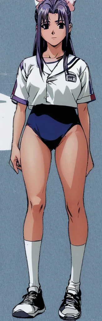 Momoko Koigakubo, with her beautiful legs, is standing with her legs spread to the side in a white gym suit and light navy blue bloomers that look like panties.。high resolution。